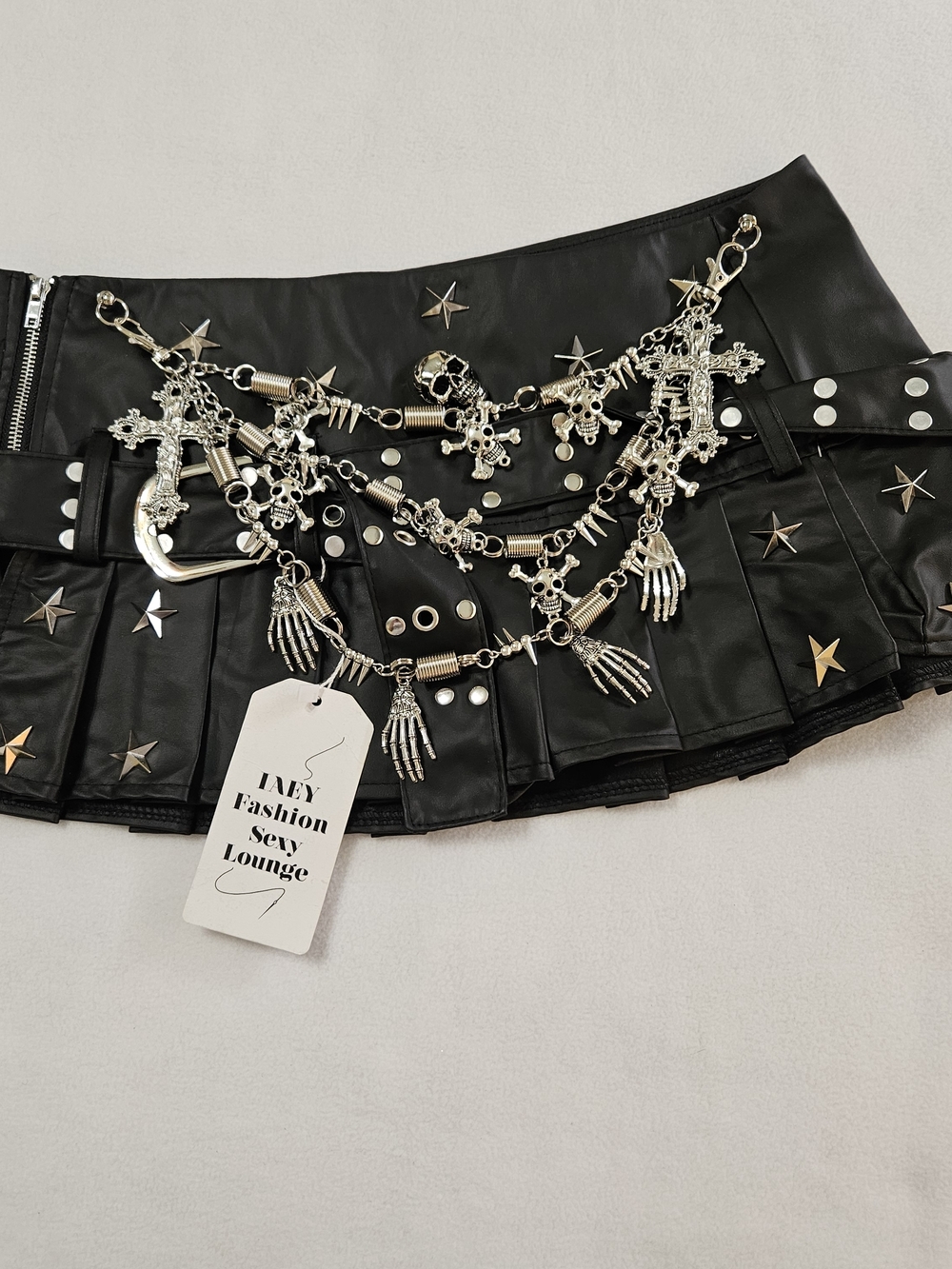 Gothic Punk PU Leather Mini Skirt NWT Small Black Pleated Y2K Grunge Cross Skull